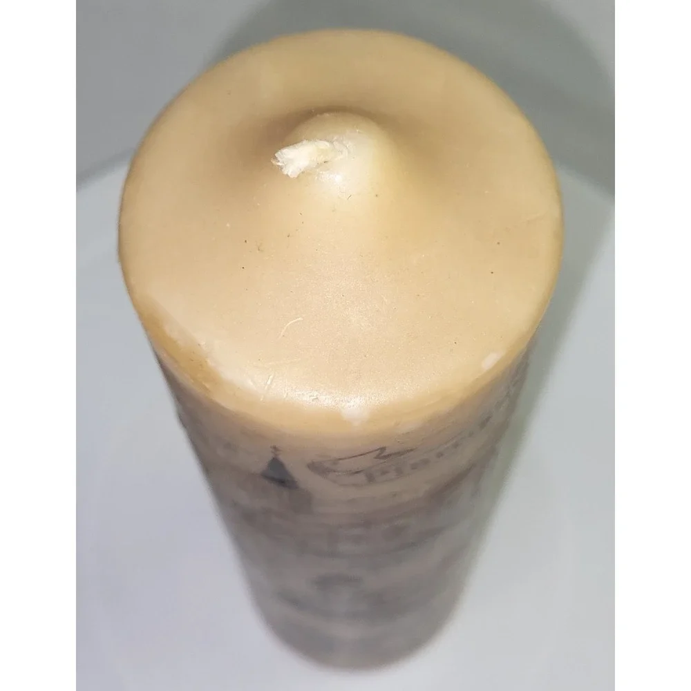 Vintage Pfarrei Glonn German Church Illustrated Pillar Candle Tan 8 Inch
